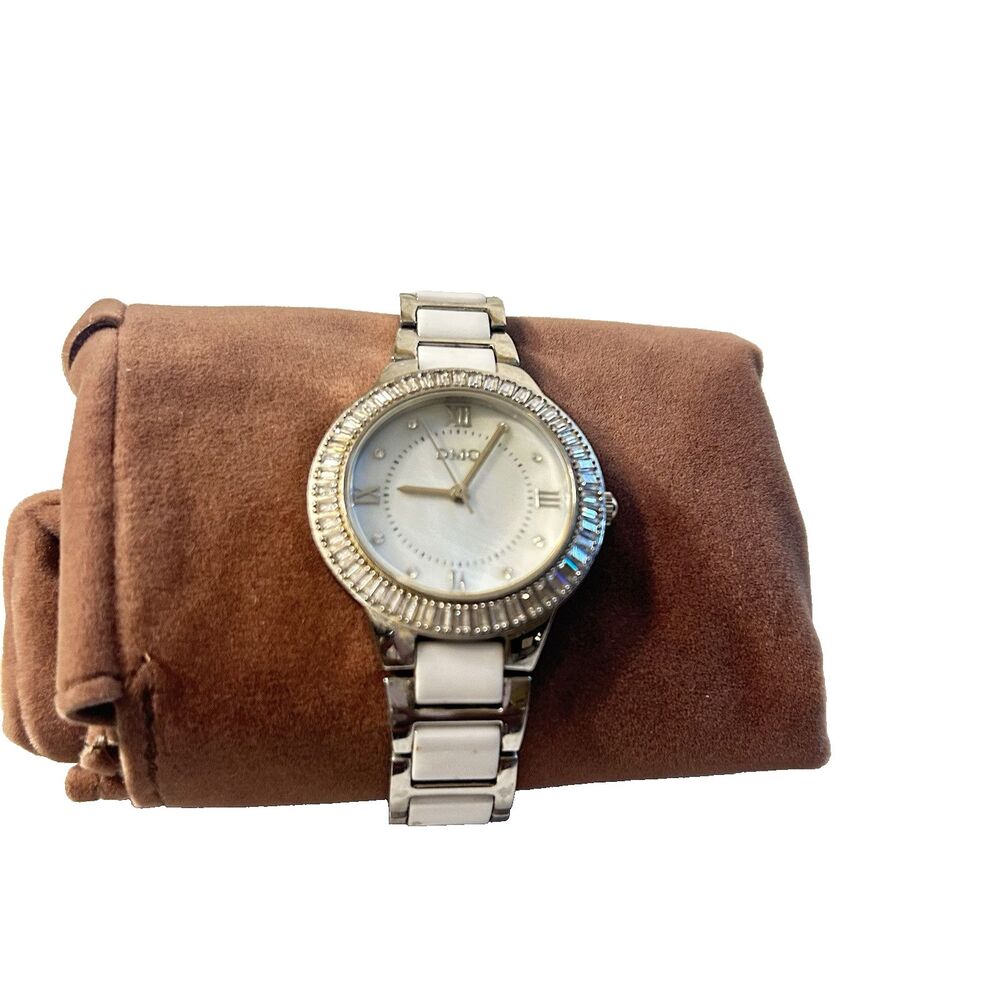 DMQ Diamonique-Baguette Cut Ceramic Link Watch Stainless Steel NEEDS BATTERY QVC